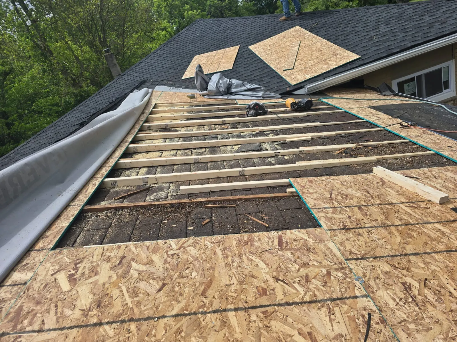 Rotted roof decking replaced with new OSB before re-roofing