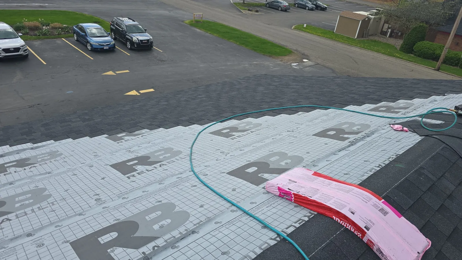 New roof sheathing installed on a re-framed roof